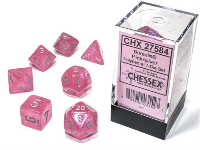 Chessex - Set 7 Dadi Poliedrici - Borealis Pink/Silver Luminary - Polyhedral Dice Set