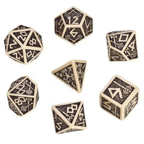Set 7 Dadi Poliedrici - Dwarven Dice Beige/Black - Dadi Beige con Numeri Nanici Neri