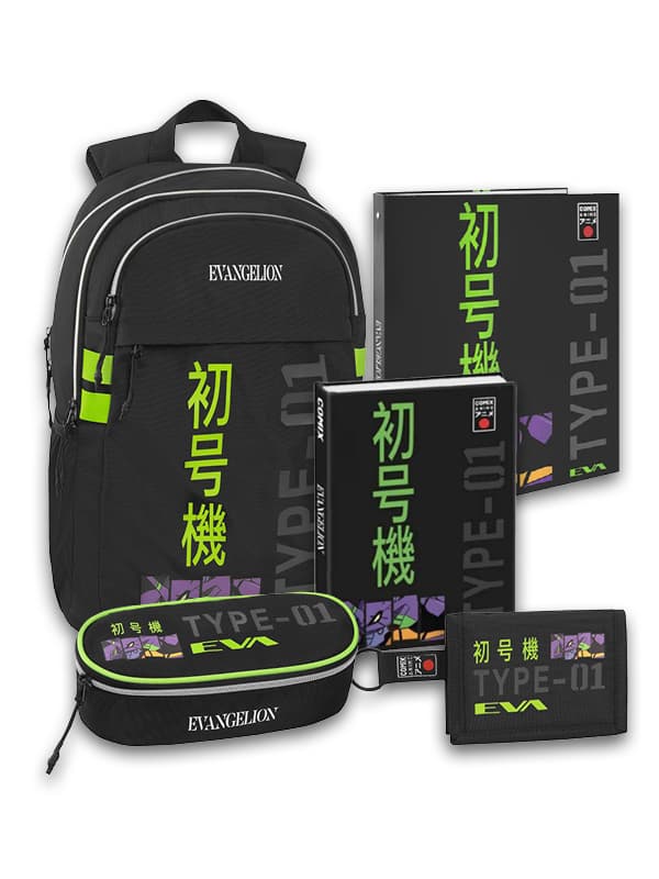 Mega Pack - Evangelion - EVA Type-01 - Zaino Urban + Astuccio Ovale + Diario 2024 + Portafoglio + Quaderno Anelli - Linea Scuola Comix Anime - Franco Cosimo Panini Editore