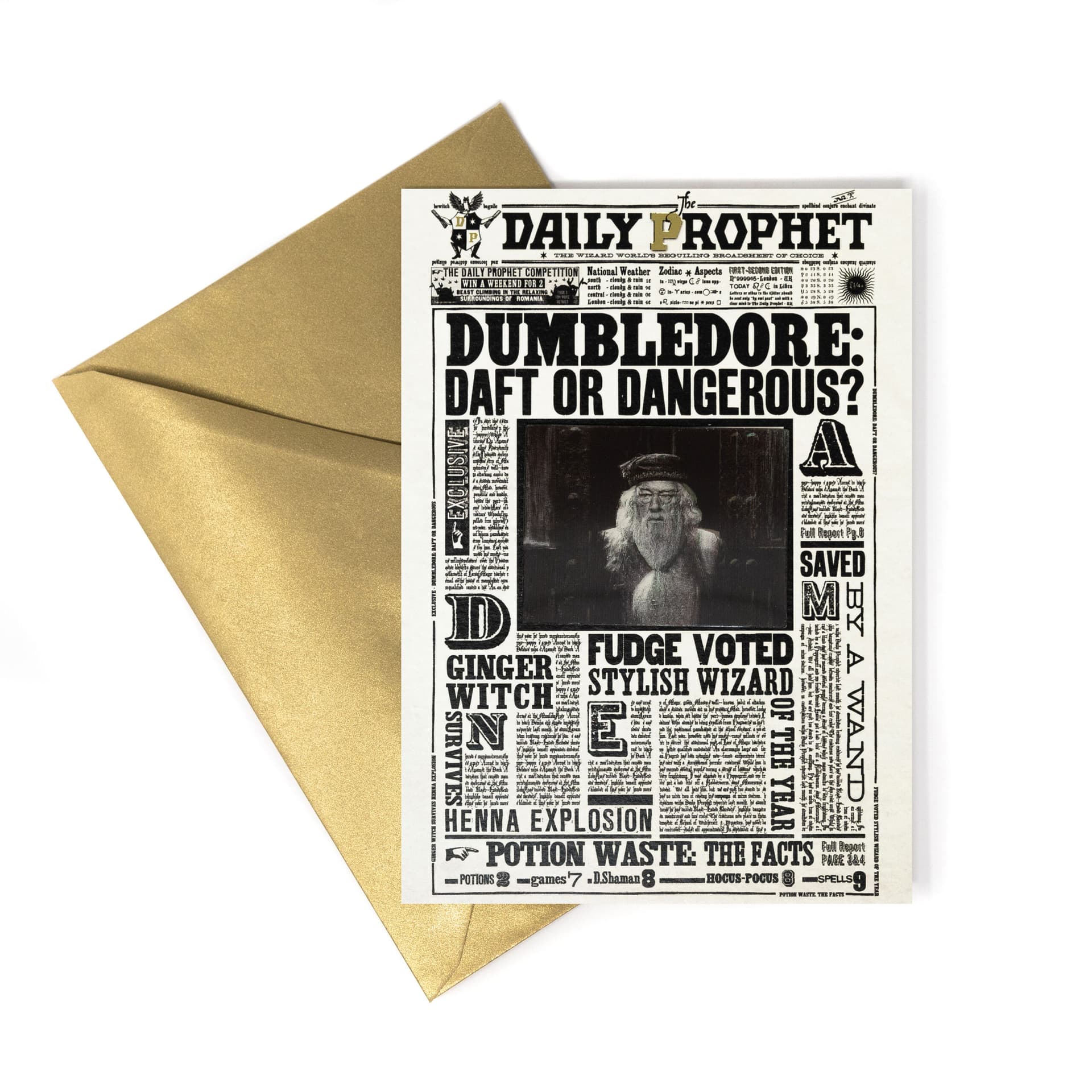 Harry Potter - The Daily Prophet Dumbledore: Daft or Dangerous? Notecard - MinaLima